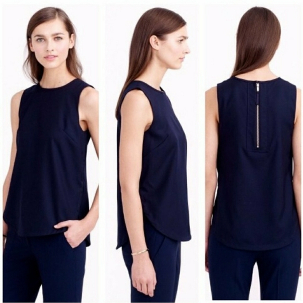 J.Crew 100% Wool Back-Zip Shell In Super 120s Navy Blue Blouse Size 00